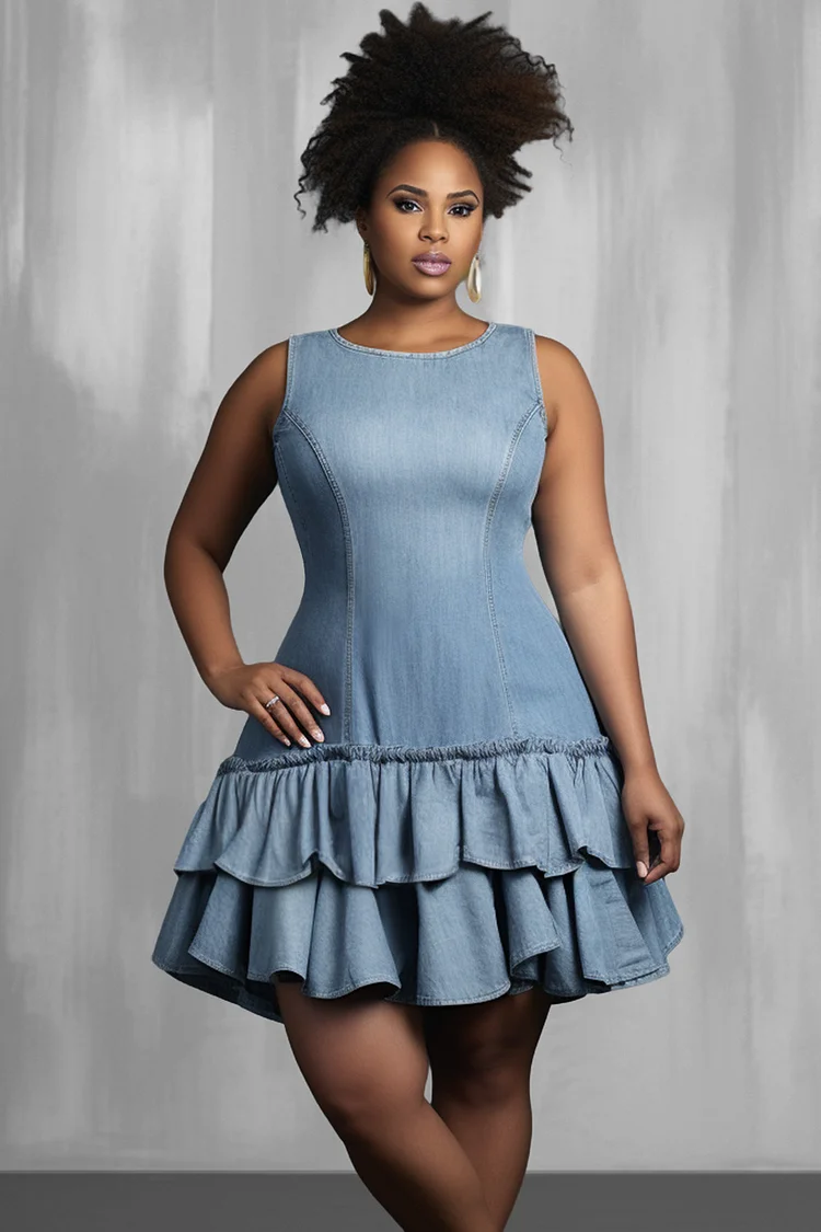 Xpluswear Design Plus Size Daily Light Blue Round Neck Sundress Ruffle Tencel Denim Mini Dresses [Pre-Order] 2024 - Xpluswear