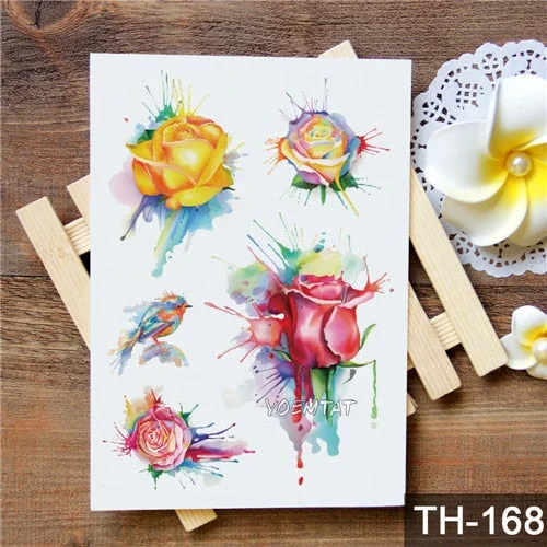 Waterproof Temporary Tattoo Stickers Rose Flowers Leaves Colorful Flash Tatto Sexy Arm Neck Body Art Fake Tattoos For Women Men