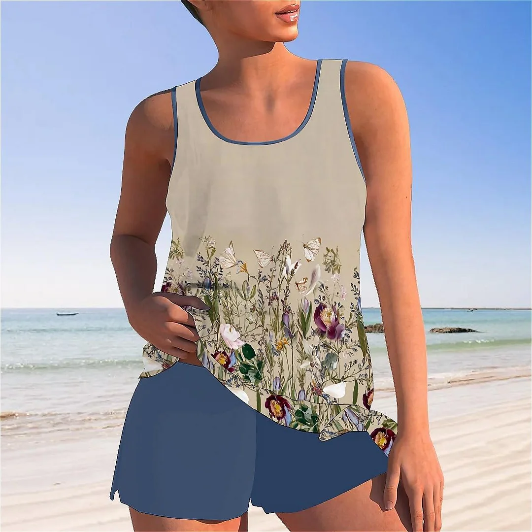 Bowknot Apricot,Floral,Colorful Mid Waisted Tankini Set - Plus Size Available
