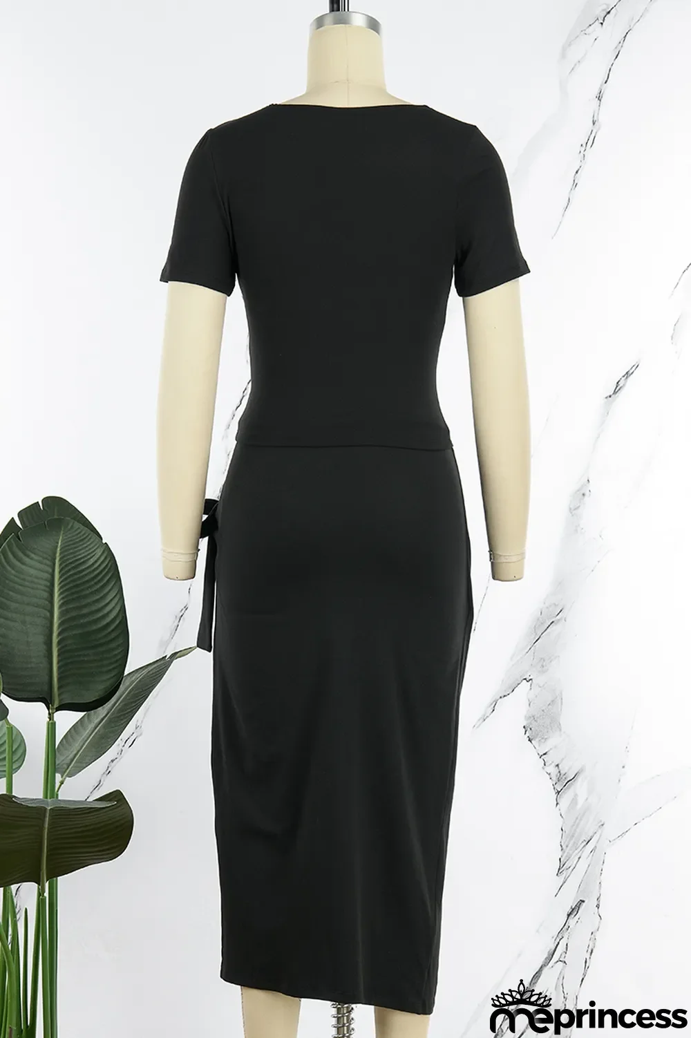 Green Casual Solid Bandage Slit O Neck Short Sleeve Two Pieces