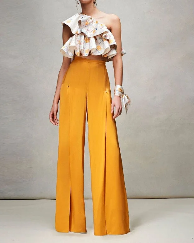 Asymmetrical one-shouldered trouser two-piece set