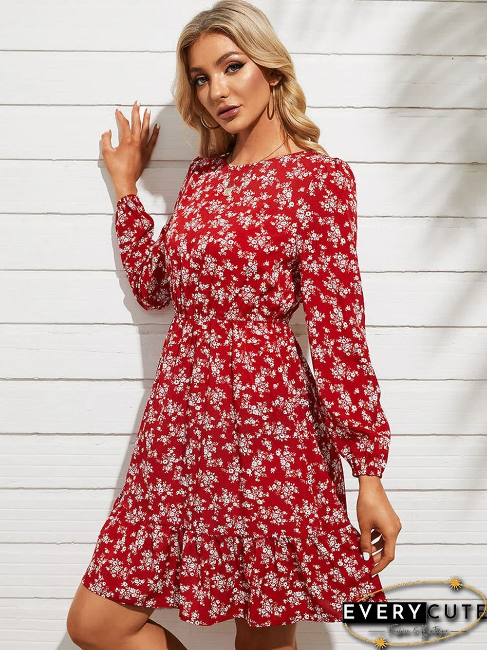 Floral Print Long Sleeve Elastic Waist Crew Neck Dress