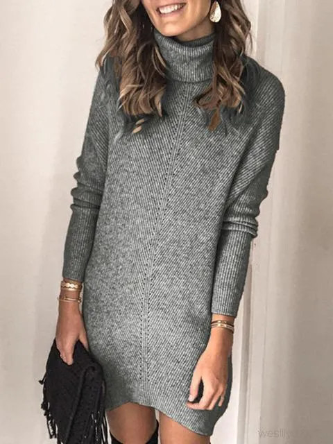 Solid Cable-knit Turtleneck Sweater Dress