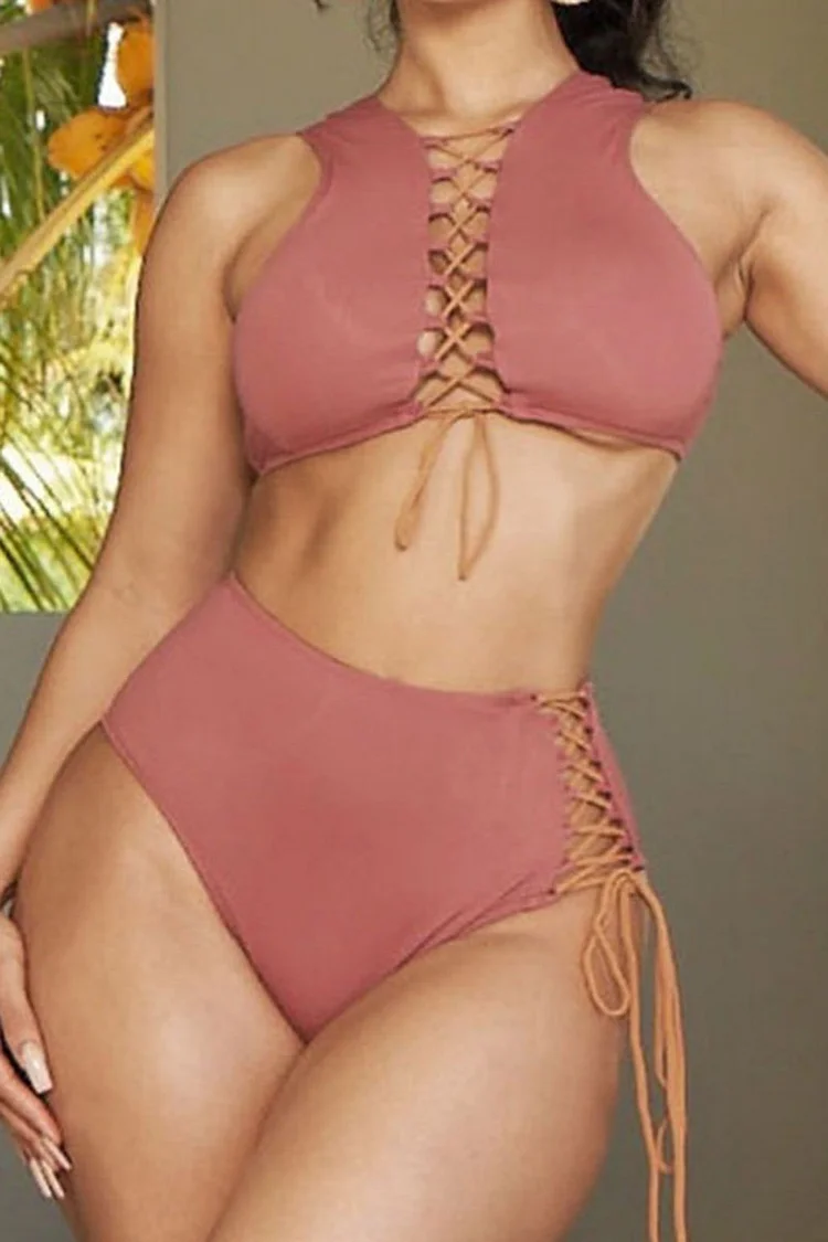 Solid Color Casual Cutout Strappy Bikini