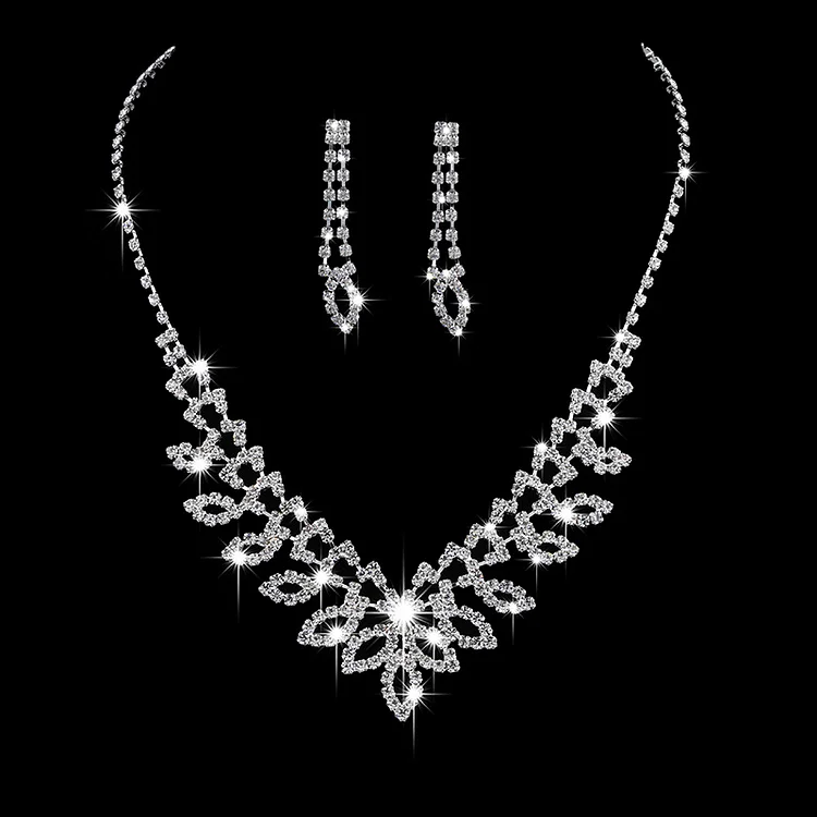 Fashion Claw Chain Full Diamond Leaf Necklace Earring Set