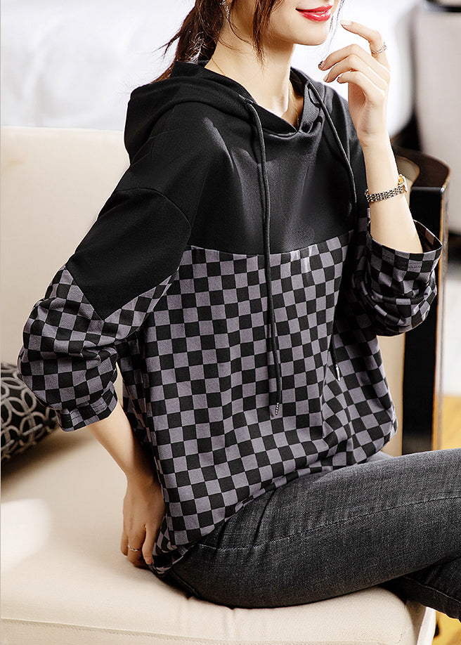 VCSHOES Plaid Hooded Patchwork Cotton Top Long Sleeve