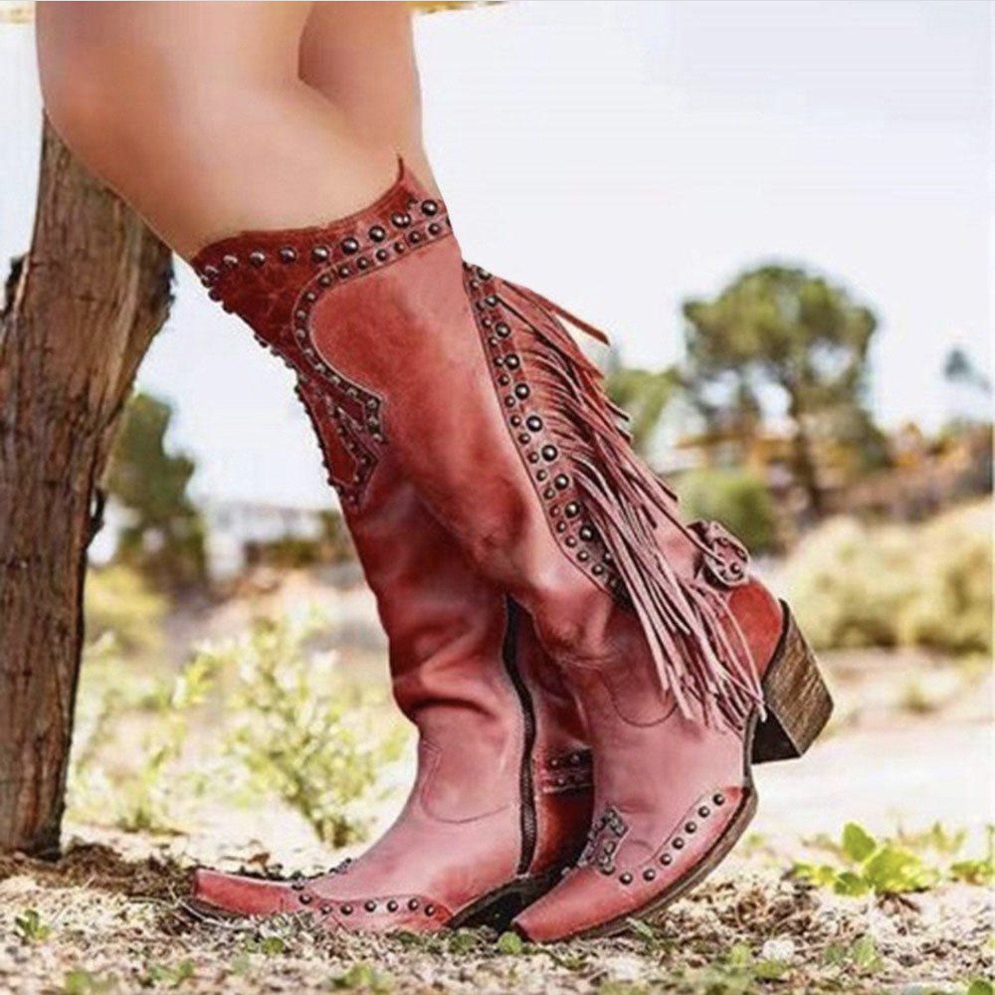 GOOSHOE Square Toe Chunky Heel Side Zipper Rivet Sweet Boots
