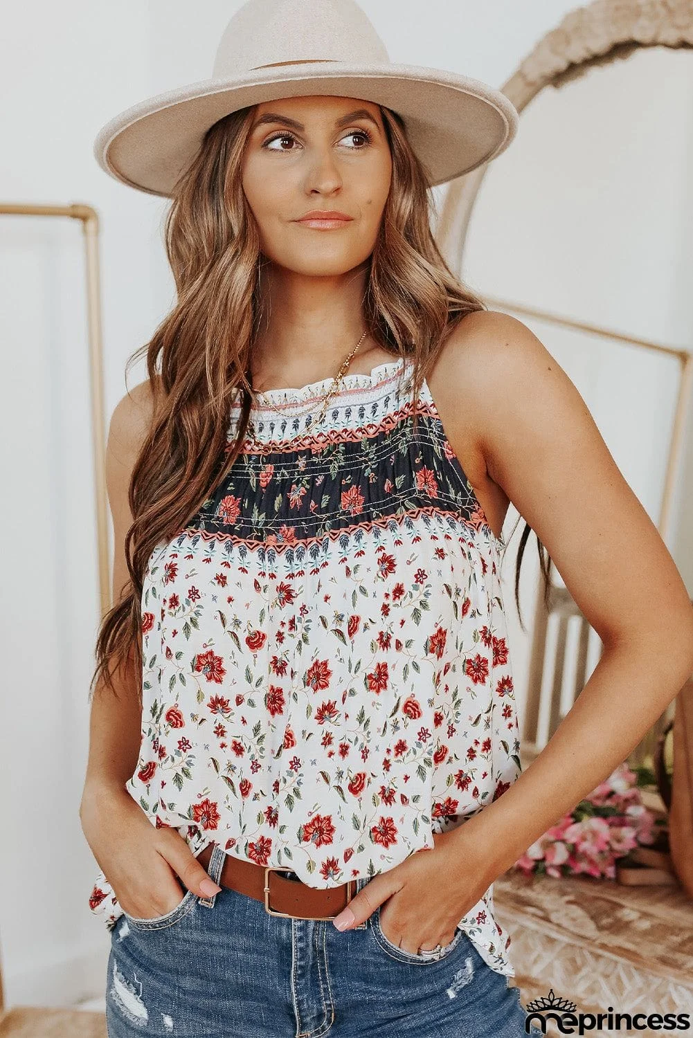 Smocked Frilled Boho Floral Print Halter Tank Top