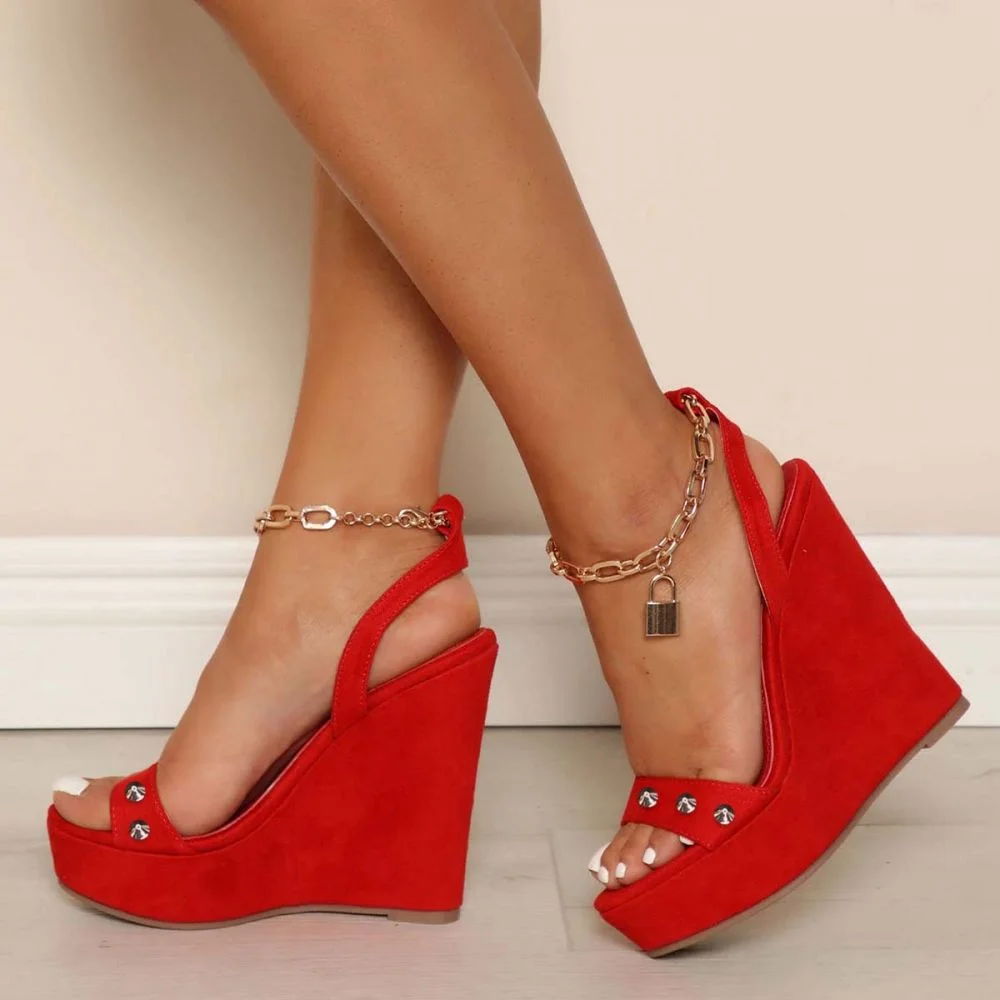 Red Round Toe Pumps Suede Platform Open Toe Pumps Wedge Ankle Strap Pumps Nicepairs