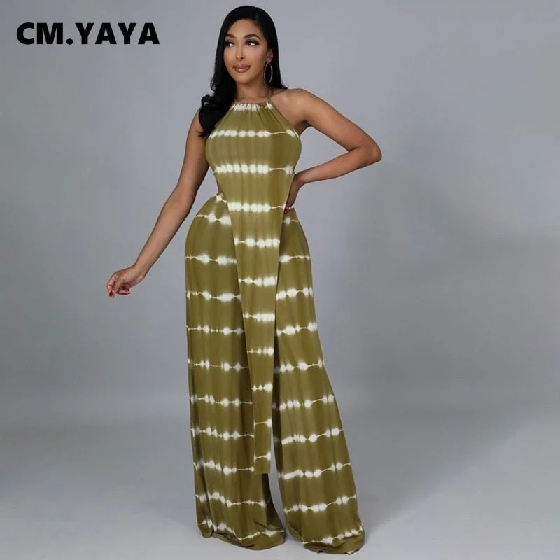 CM.YAYA 2022 Summer Tie Dye Women's Set for Elegant Beach Irregular Crop Tops Wide Leg Straight Pants Matching Two 2 Piece Set
