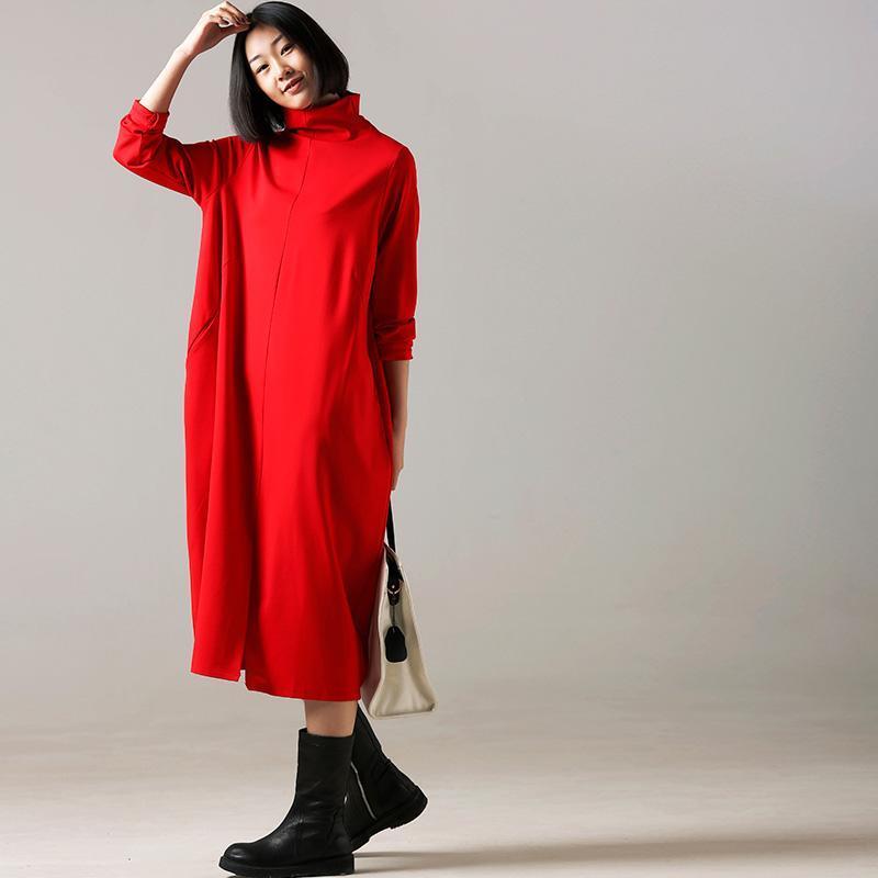 VCSHOES cotton dress high neck Inspiration red long Dress front open