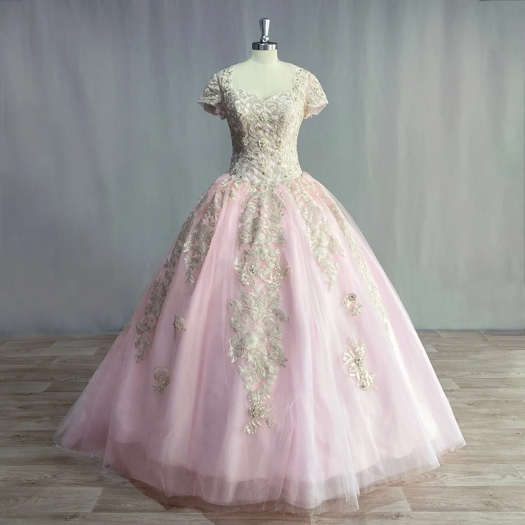 Real Picture Pink Gold Lace Quinceanera Dress Short Sleeves Ball Gown Open Back Vestidos De 15 Quinceañera