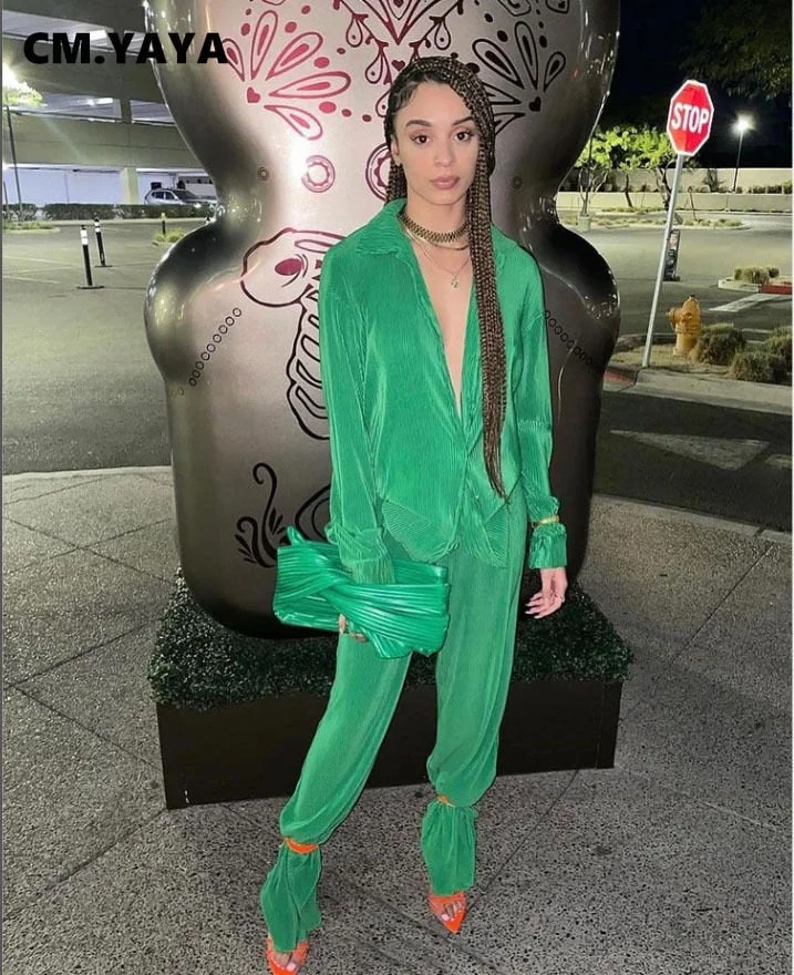 CM.YAYA Street Women's Set Long Sleeve Shirt Tops and Wide Leg Pants Elegant Tracksuit Two Piece Set Sweatsuit Fitness Outfits