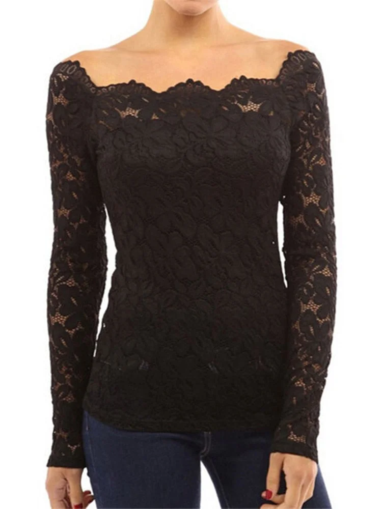 5XL 2022 Summer Tops Lace Shirt Women White Slash Neck Long Sleeve Hollow Tee Shirt Blouse Sexy Skinny Shirt Plus Size Blusas