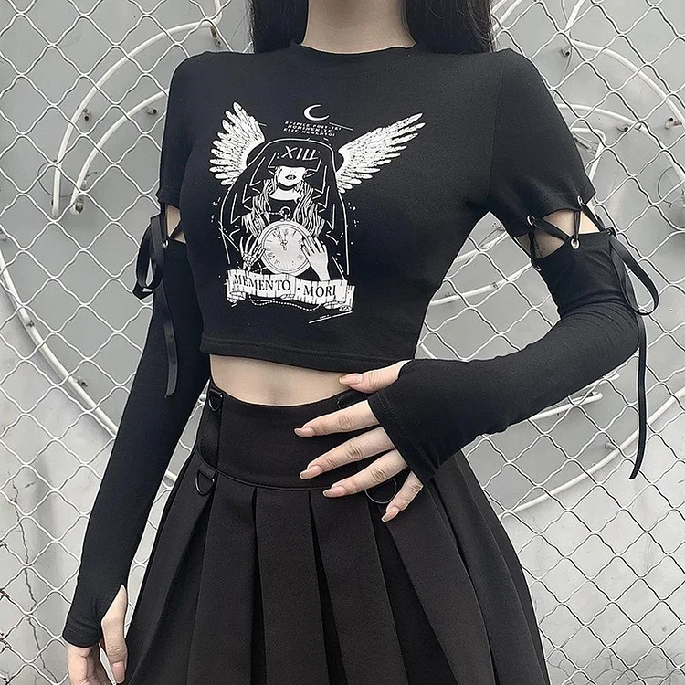 MEMENTO MORI GOTH SEPERATE SLEEVE BLACK CROP TOP