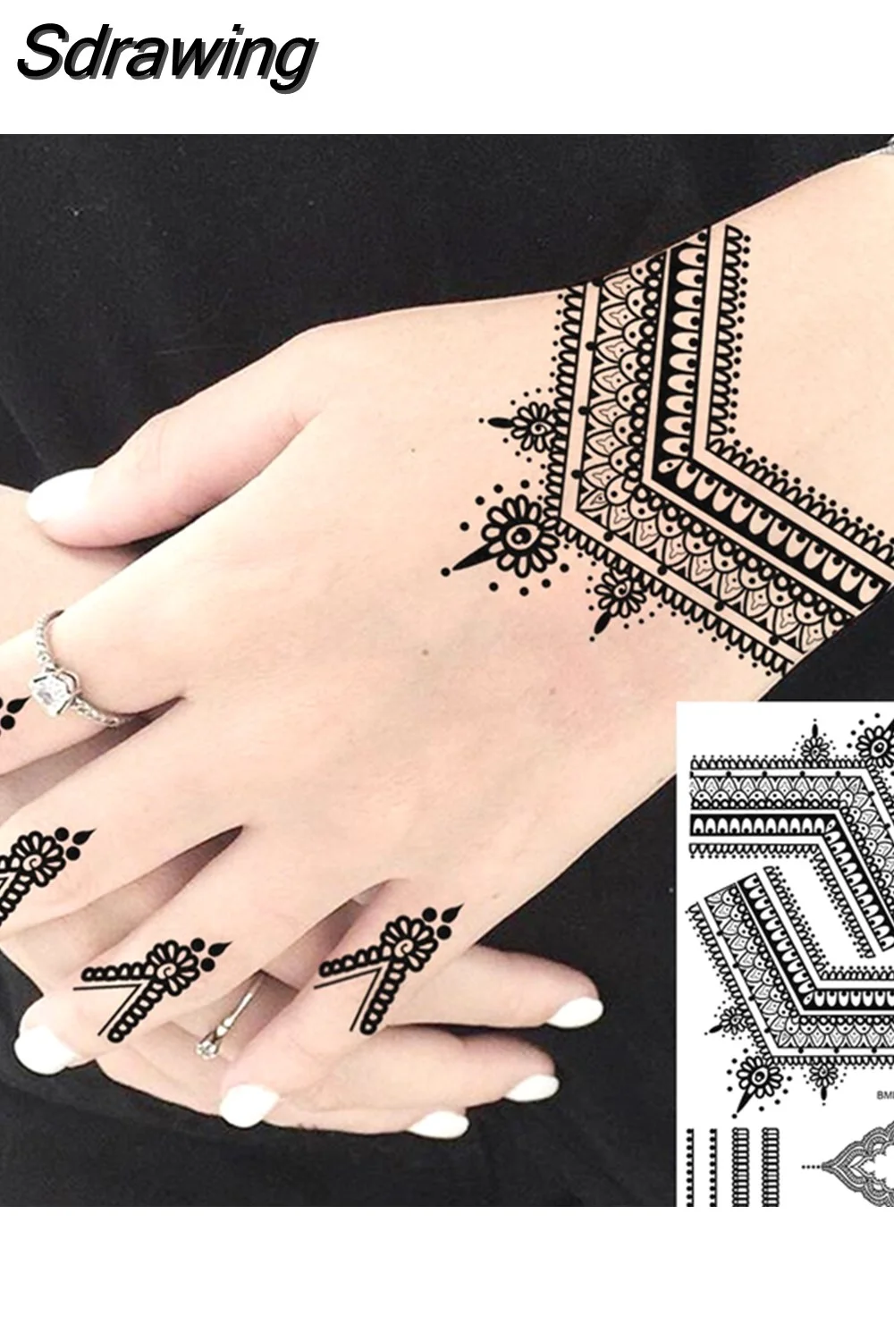 Sdrawing Henna Temporary Tattoos For Women Girls Feather Butterfly DreamCatcher Fake Gem Tattoo Sticker Chest Arm Tatoos Tribal 430-0