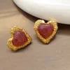 Heart Shape Natural Pink Stone Golden Earrings