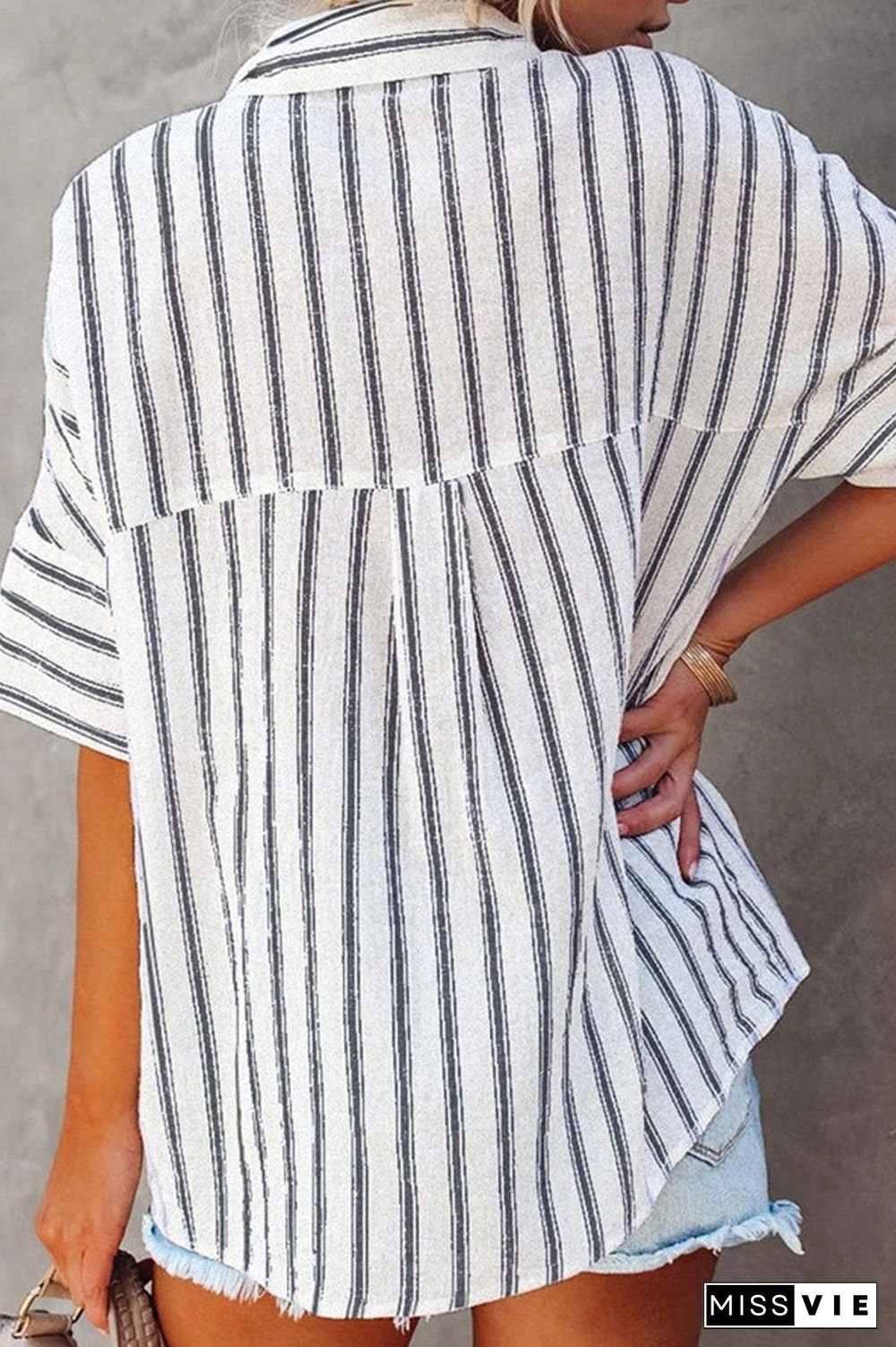 Fashion Striped Split Joint Turndown Collar Tops(4 Colors)