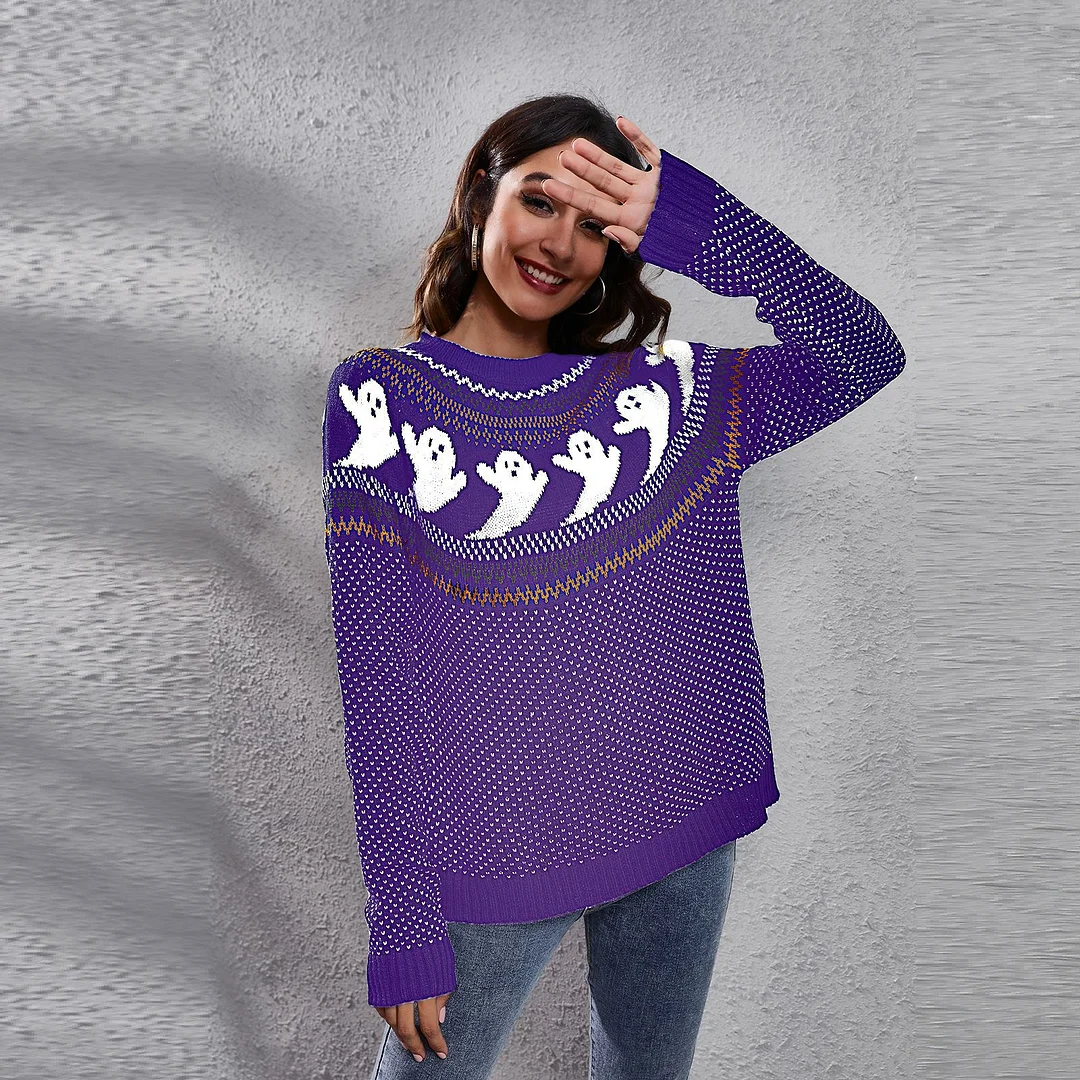 Women Halloween Ghost Retro Polka Dot Long Sleeve Knitted Sweater