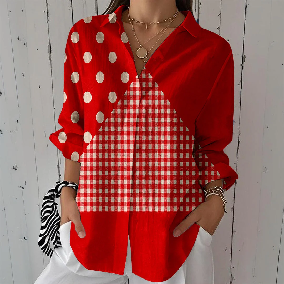Style & Comfort for Mature Women Women Striped,Polka-Dot,Red DZCL0302 3/4 Sleeve Shirt Collar Printed Button Tops