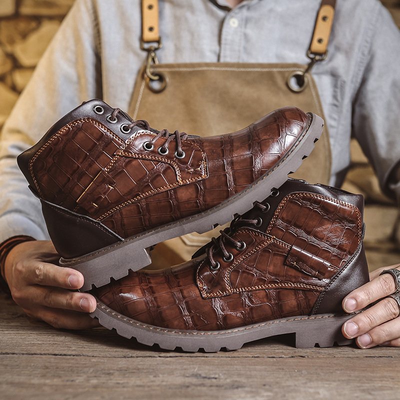Men's Waterproof Wear-resistant Stitching Lace-up Crocodile Pattern Upper Low-cut Work Boots