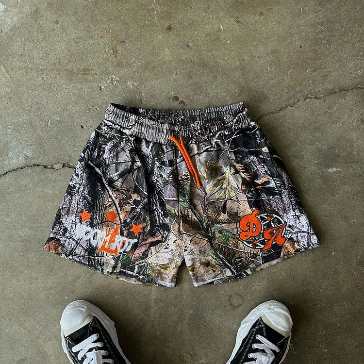 Vintage Stylish Jungle Letter Graphic Casual Street Mesh Shorts