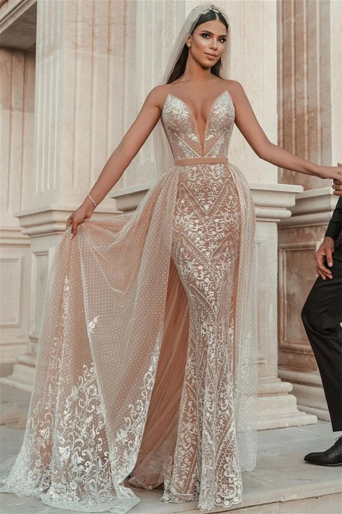 Daisda Spaghetti-Strap Applique Ruffles Mermaid Wedding Dress