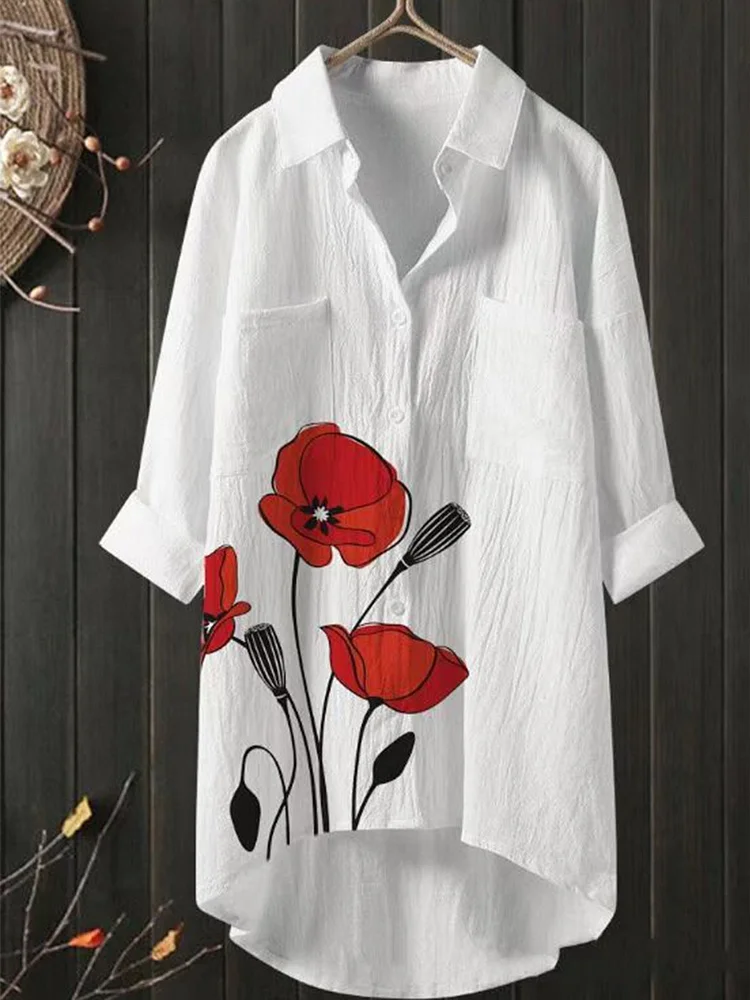 Women's Blouses Printed Lapel Single Breasted Pocket Mid Sleeve Blouse