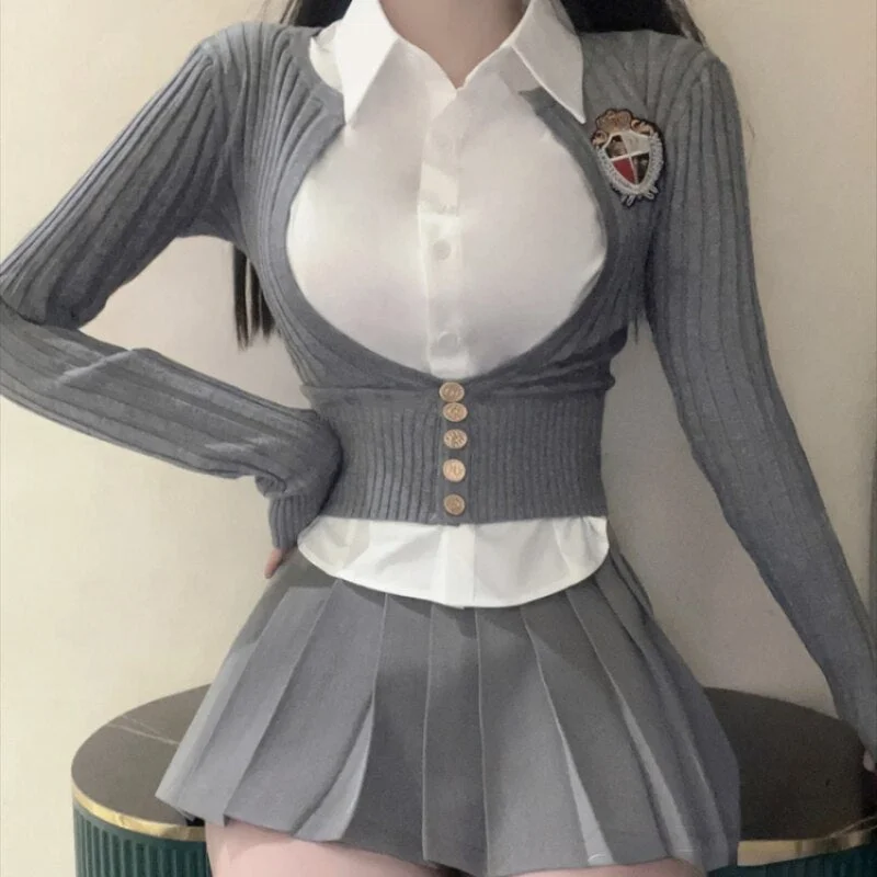 Lourdasprec  Y2K Women Korean Japanese Kawaii Acubi JK Uniform Groups Desire 3 Piece Set Suits Mini Skirts Sexy Long Sleeve Tops Sets Clothes