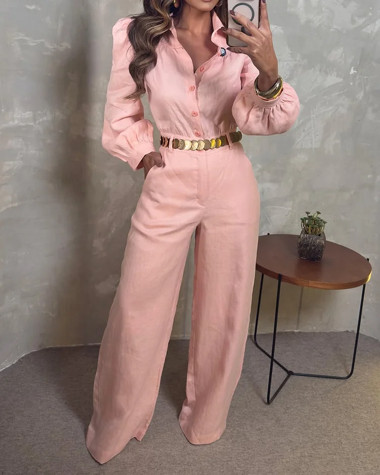 Lapel solid color jumpsuit