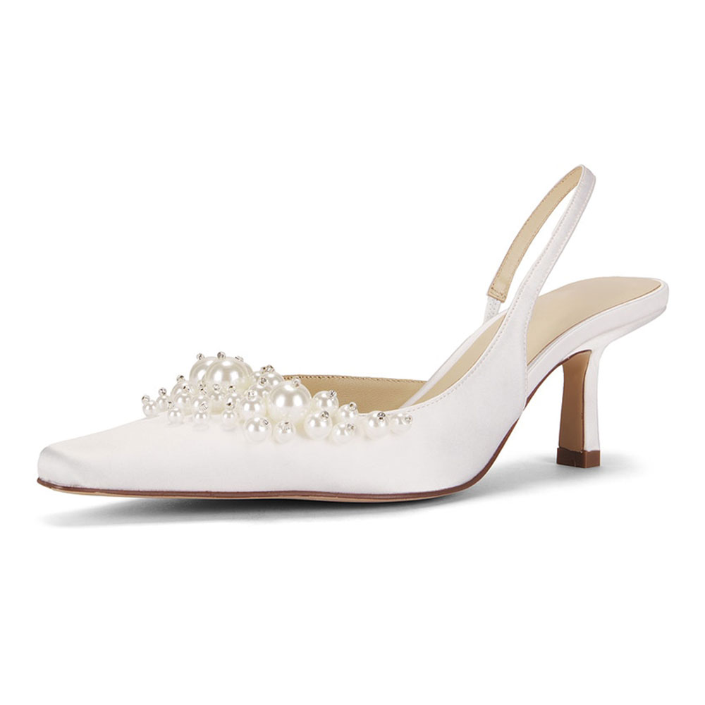 White Satin Pearl Embellished Pointed Toe Mid Heel Slingback Shoes Nicepairs