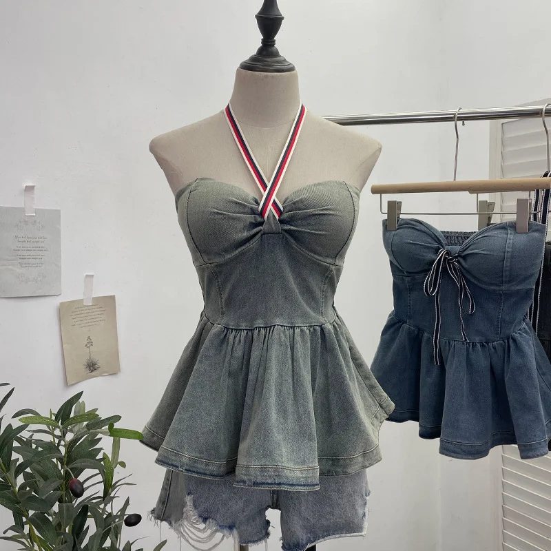 Uveng Real Shot With Chest Cushion Denim Sling Vest With Bow Hanging Neck Short Twiping Boat Blouse Woman 2611