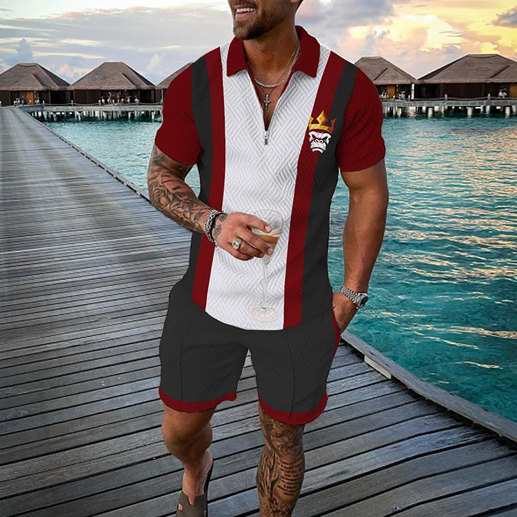 Fashionable Three-Color Stitching Polo Shirt And Shorts Two-Piece Set