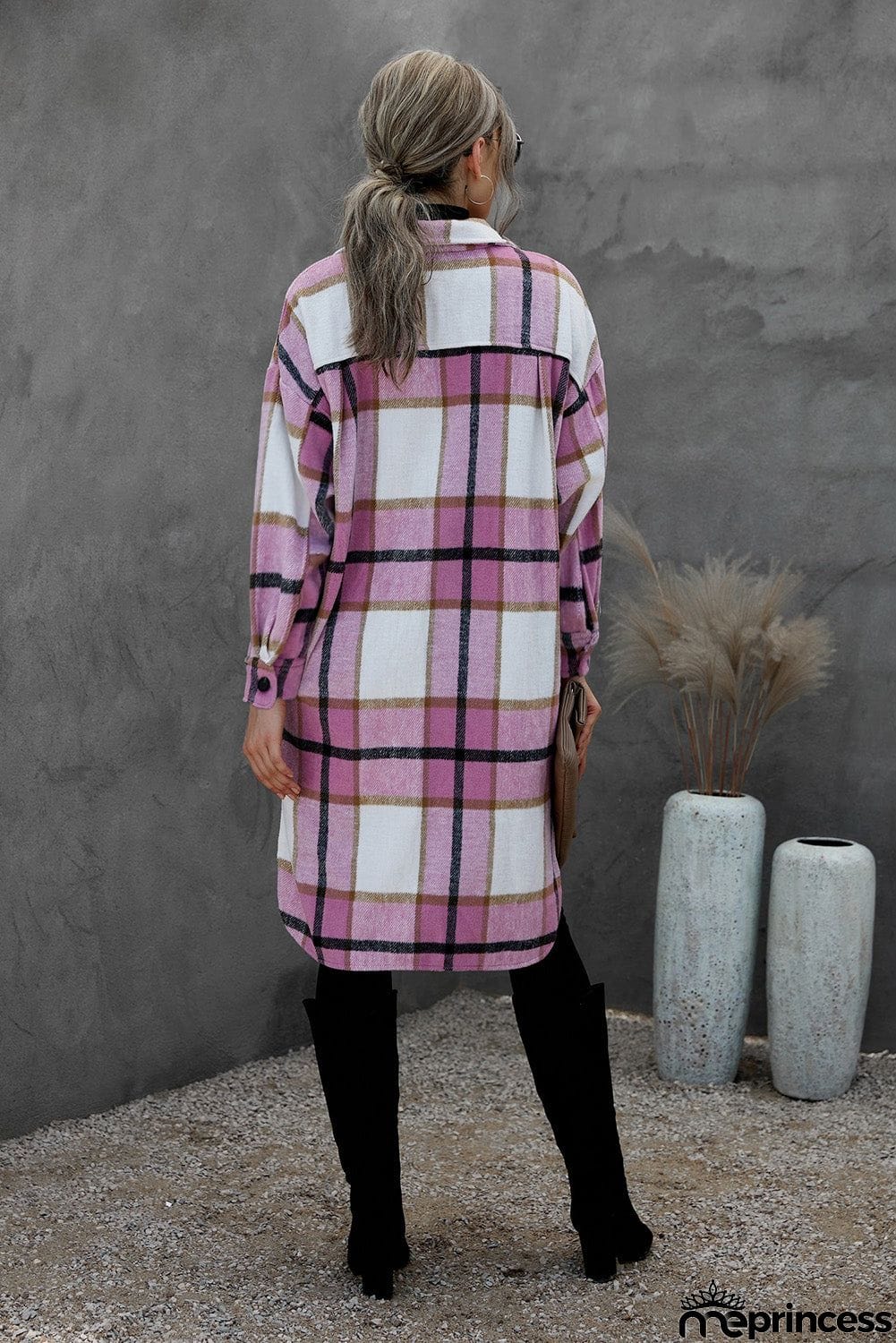 Khaki Turn-down Collar Pocket Button Plaid Coat