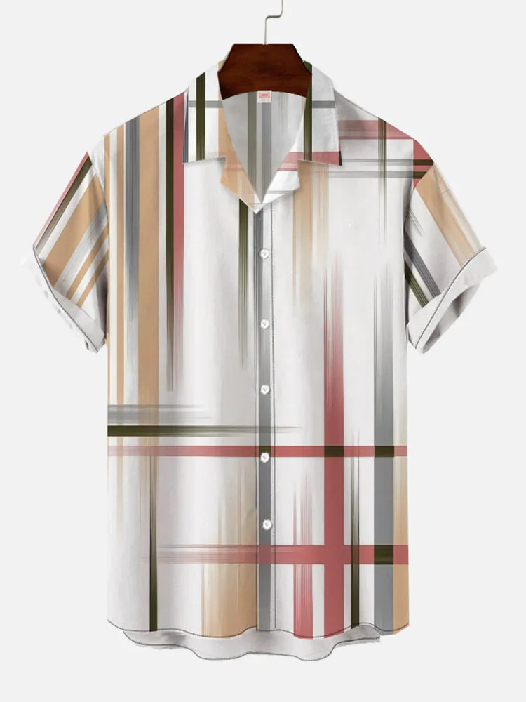 Simple Modern Colorful Lines Jacquard Printing Cuban Collar Men's Short Sleeve Shirt