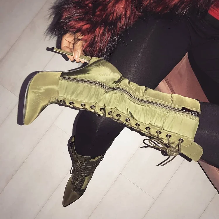 Green Satin Lace up Boots Stiletto Heels Mid Calf Boots for Women |FSJ Shoes