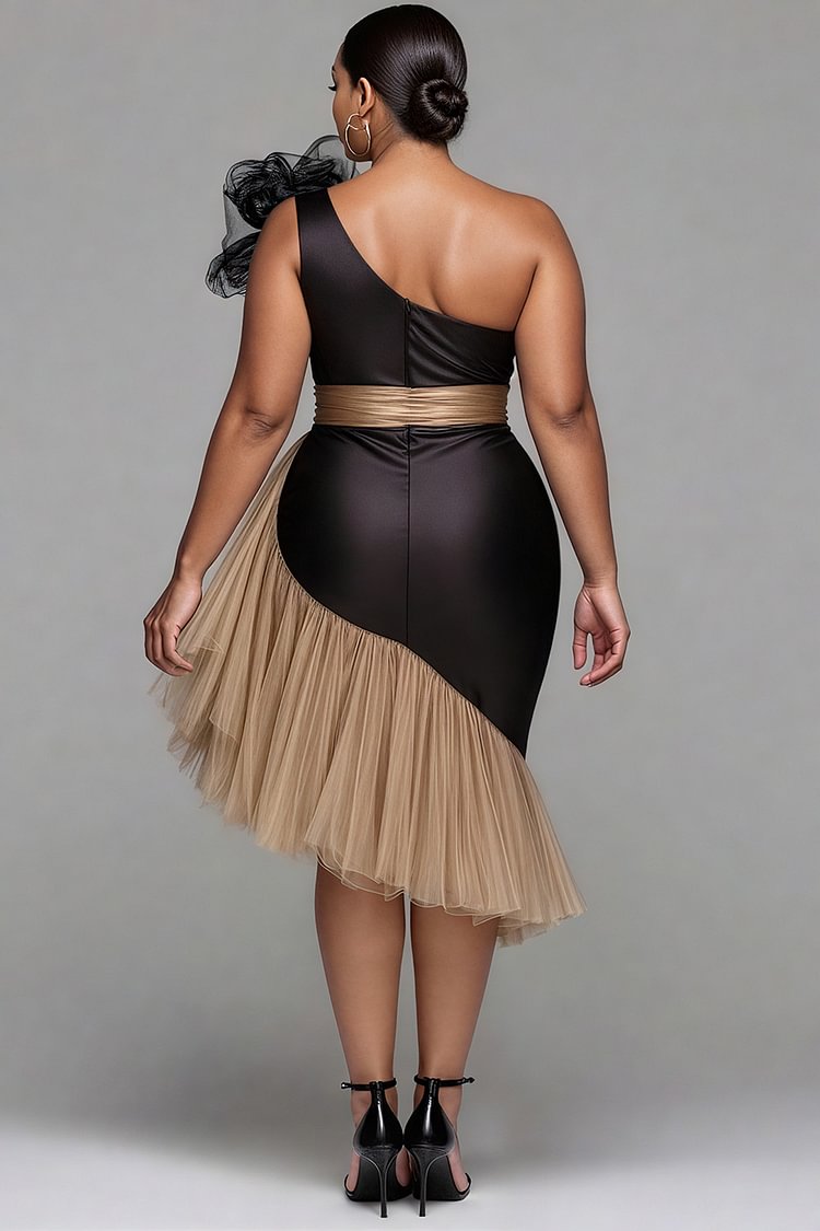 Xpluswear Design Plus Size Cocktail Party Tulle Black One Shoulder Contrast Elegant 3D Satin Midi Dresses [Pre-Order]