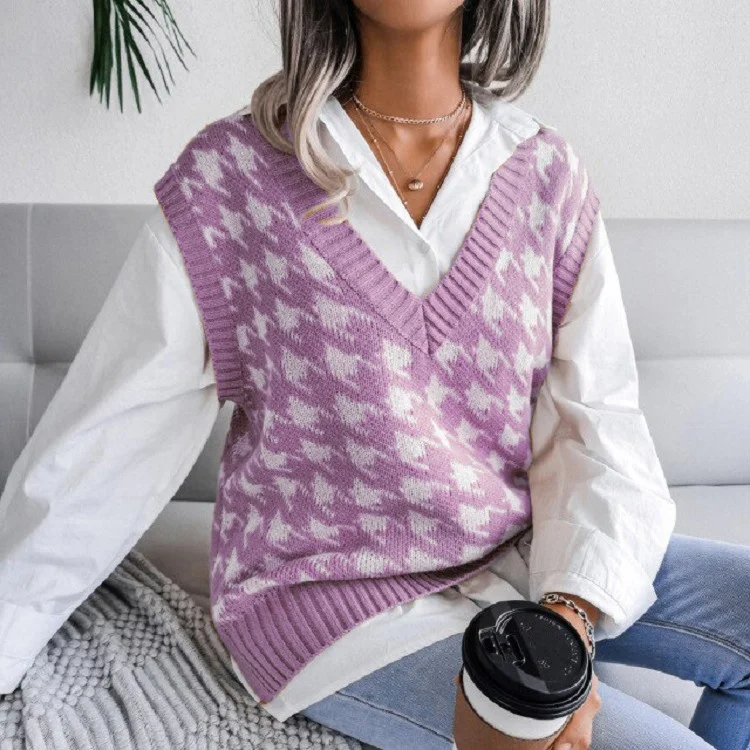 Brownm Brownm And Autumn New Sweater Women Casual Knitting Vest Thousand Bird Case Jacket Women's Clothing