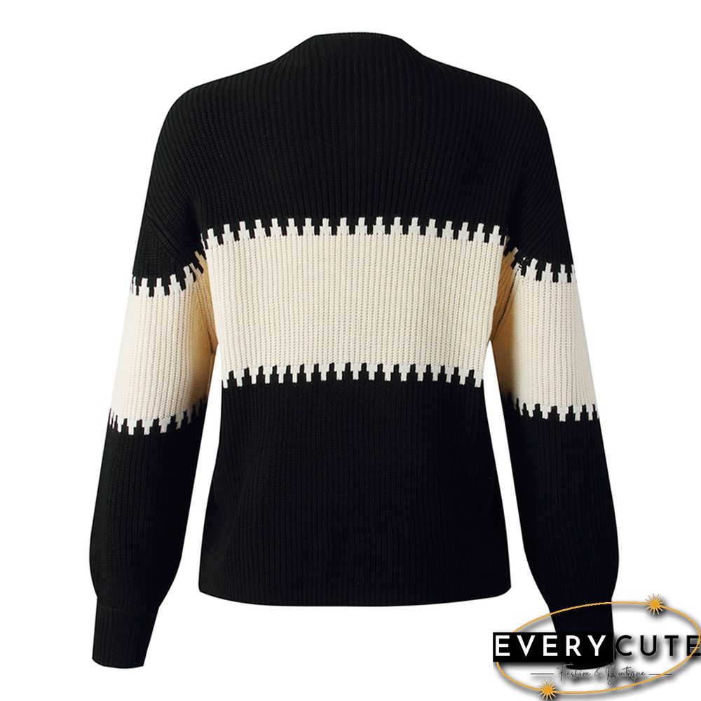 Black Color Block High Neck Woolen Sweater
