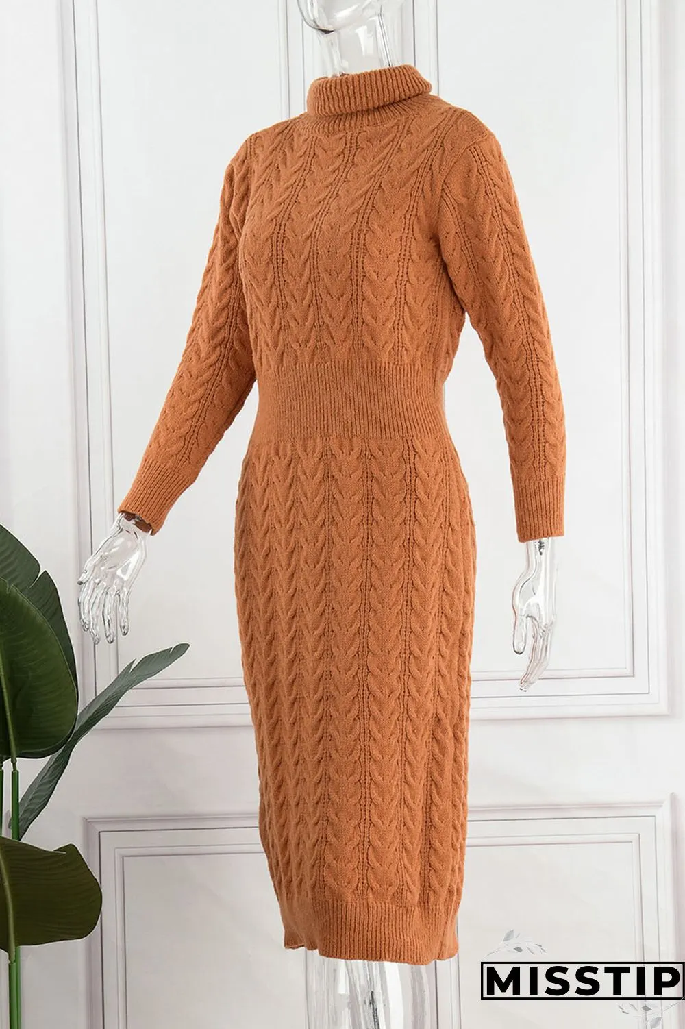 Light Brown Casual Solid Patchwork Turtleneck Straight Dresses(Without Belt)