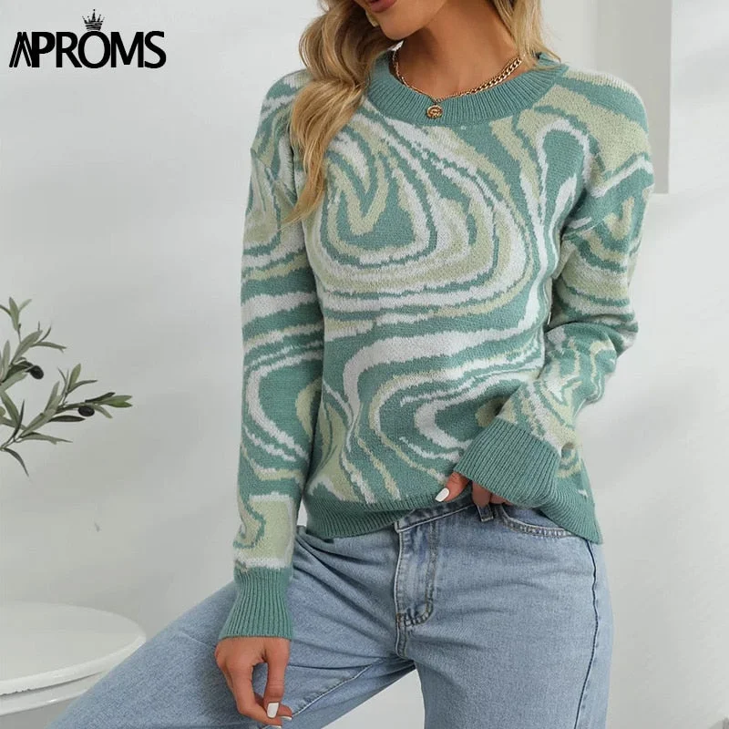 Aproms Elegant Green Flowing Swirl Knitted Sweater Women 2022 Spring Soft Stretch Pullovers Female Ribbed Warm Jumper Pull Femme