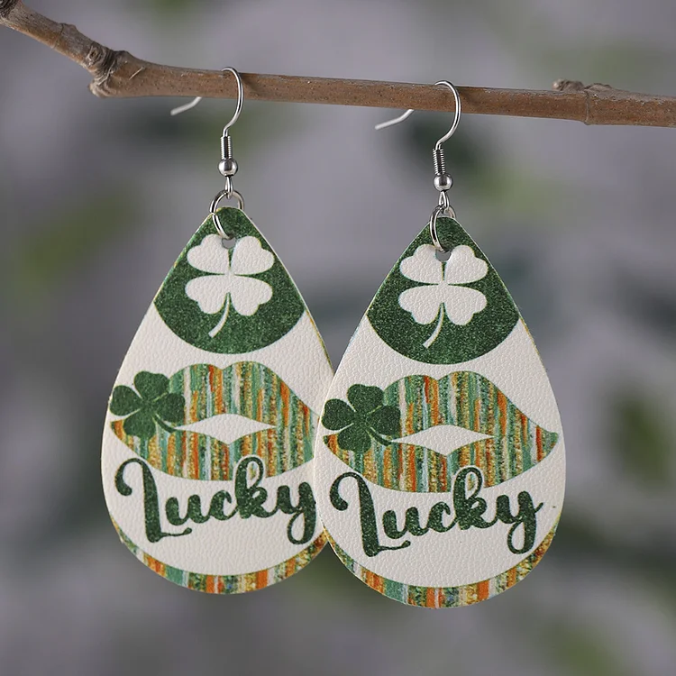 Vintage St. Patrick'S Day Lucky Clover & Lips Drop Earrings