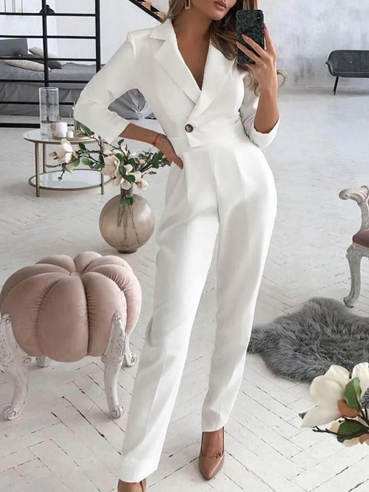 Lapel high waist plain long jumpsuit-zachics