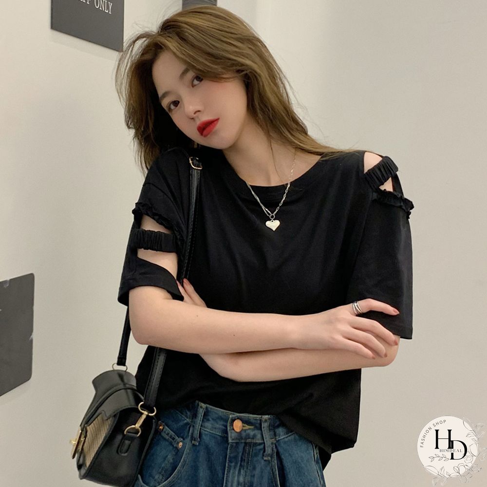 T-Shirts Women Sexy Ladies Tops Hole Harajuku Fashion Loose Summer Ins Korean Style Preppy Vintage Solid Elegant Chic Simple New