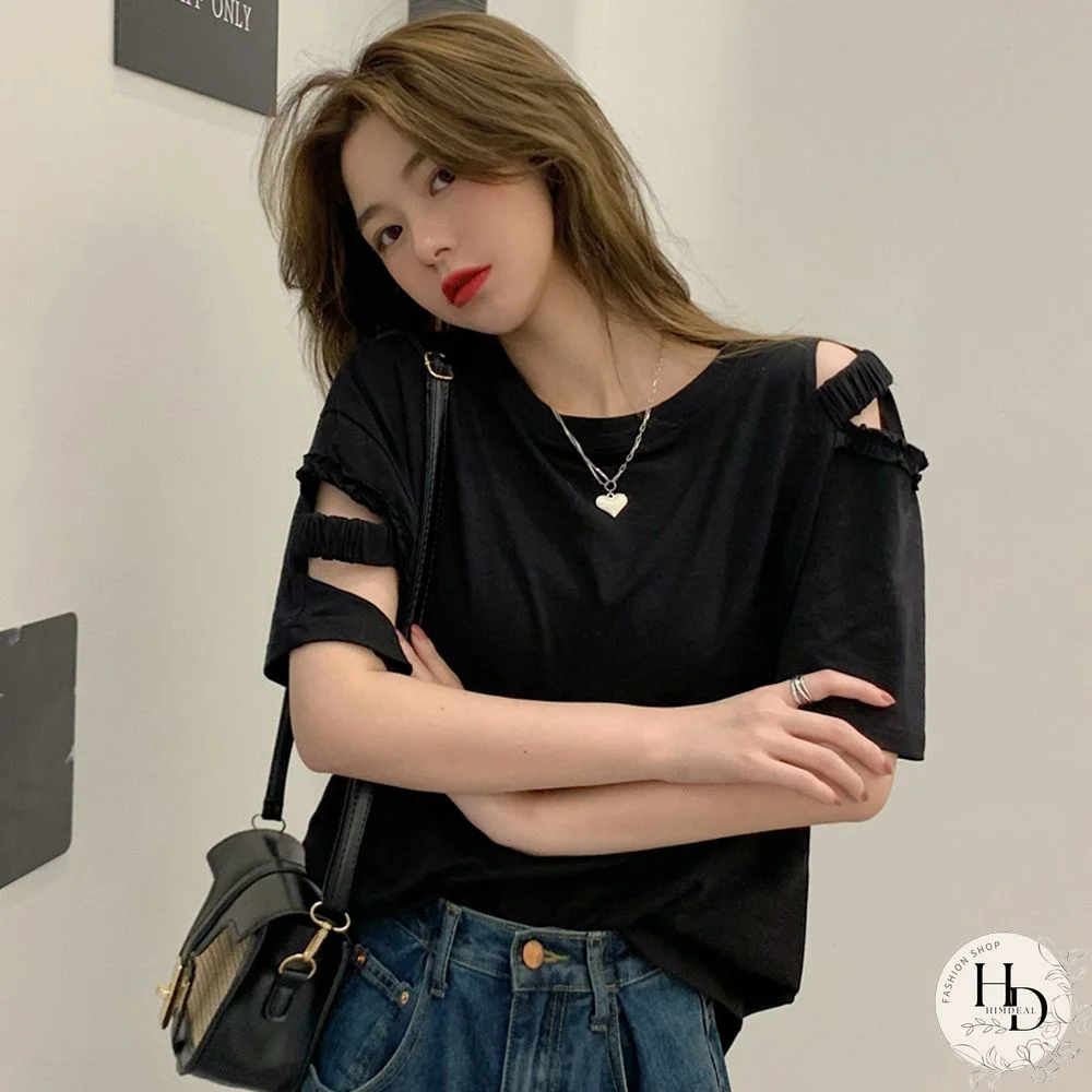 T-Shirts Women Sexy Ladies Tops Hole Harajuku Fashion Loose Summer Ins Korean Style Preppy Vintage Solid Elegant Chic Simple New