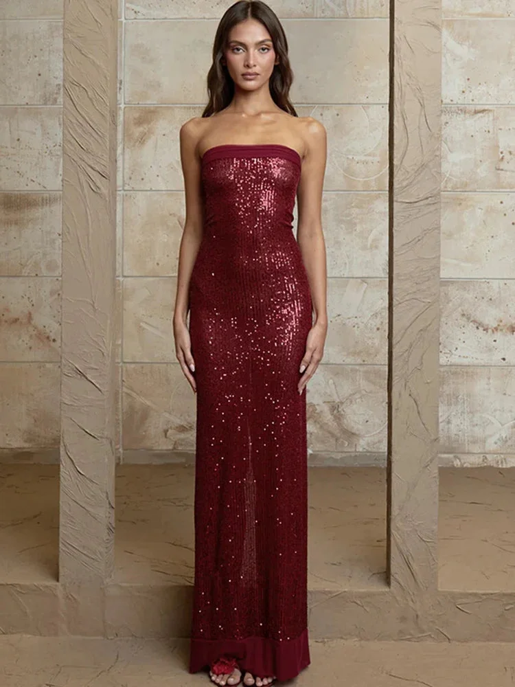 Toloer Sequin Strapless Sheer Maxi Dress-Outfit Ideas