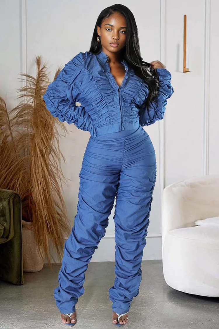 Ruched V Neck Long Sleeve Zip Crop Top High Waist Pants Matching Set-Blue [Pre Order]
