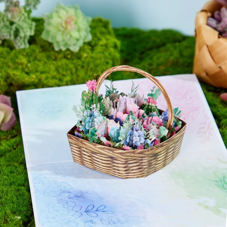 Succulent flower basket pop-up card,3D Popup Greeting Cards,For Mothers Day, Spring, Thanksgiving, Graduation,Birthday,Wedding Gift