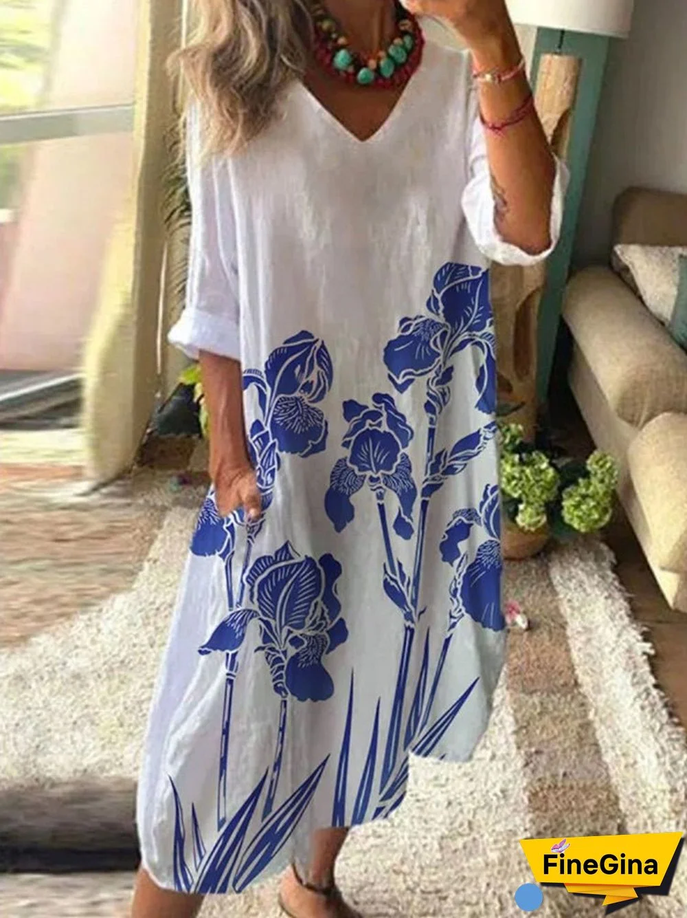 Women'S Dresses Vintage Graphic V-Neck Mid Sleeve Pocket Dress