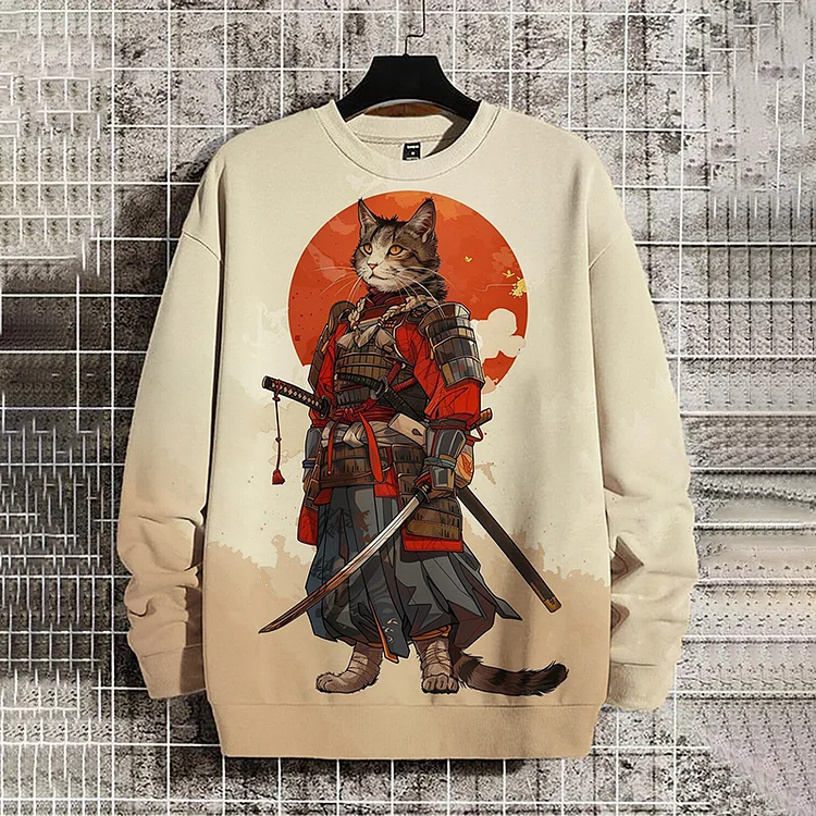 Men's Japanese Samurai Cat Art Print Casual Sweatshirt